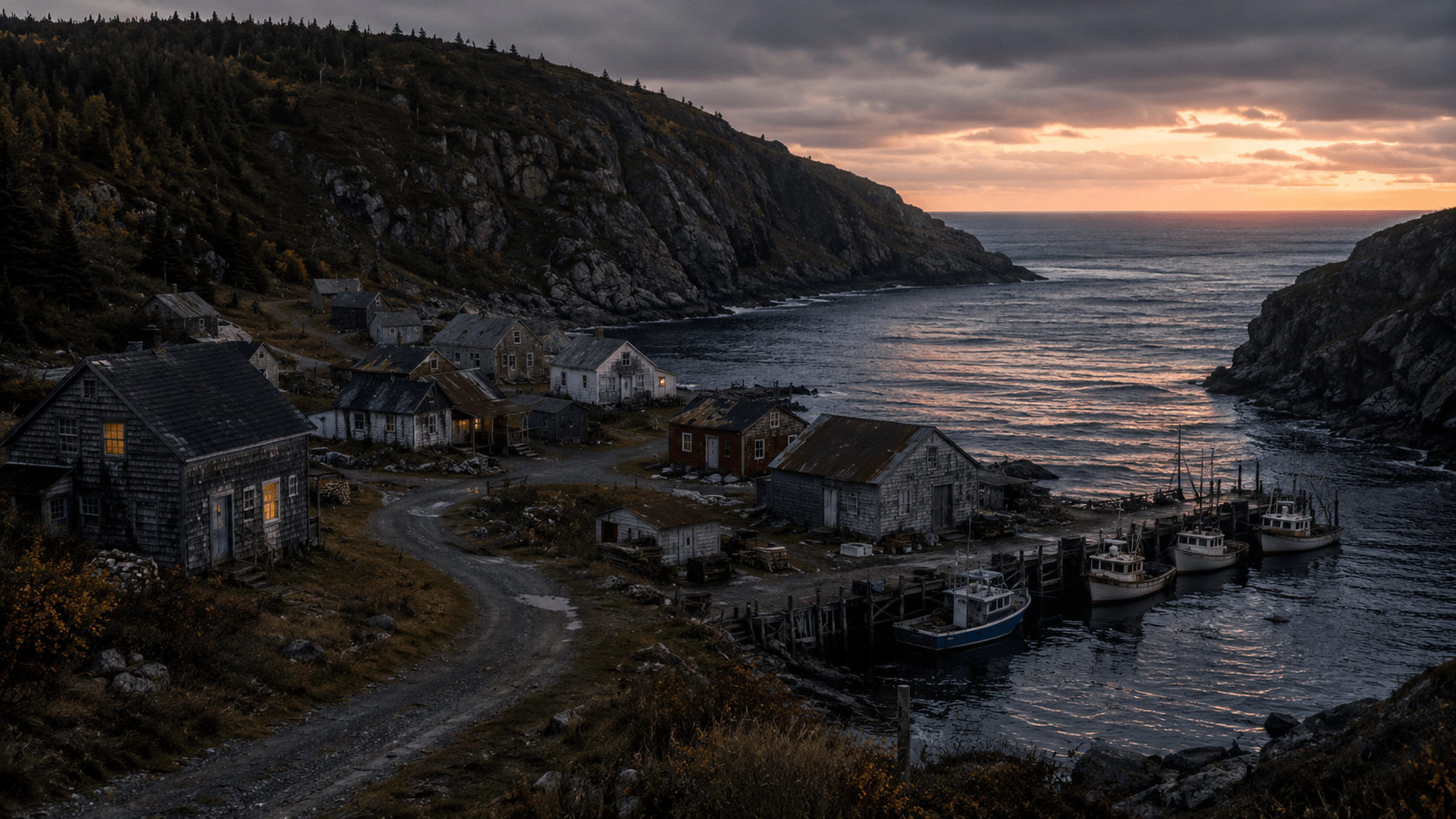 A desolate coastal village with weathered houses and fishing boats moored at a dock under a moody sunset.