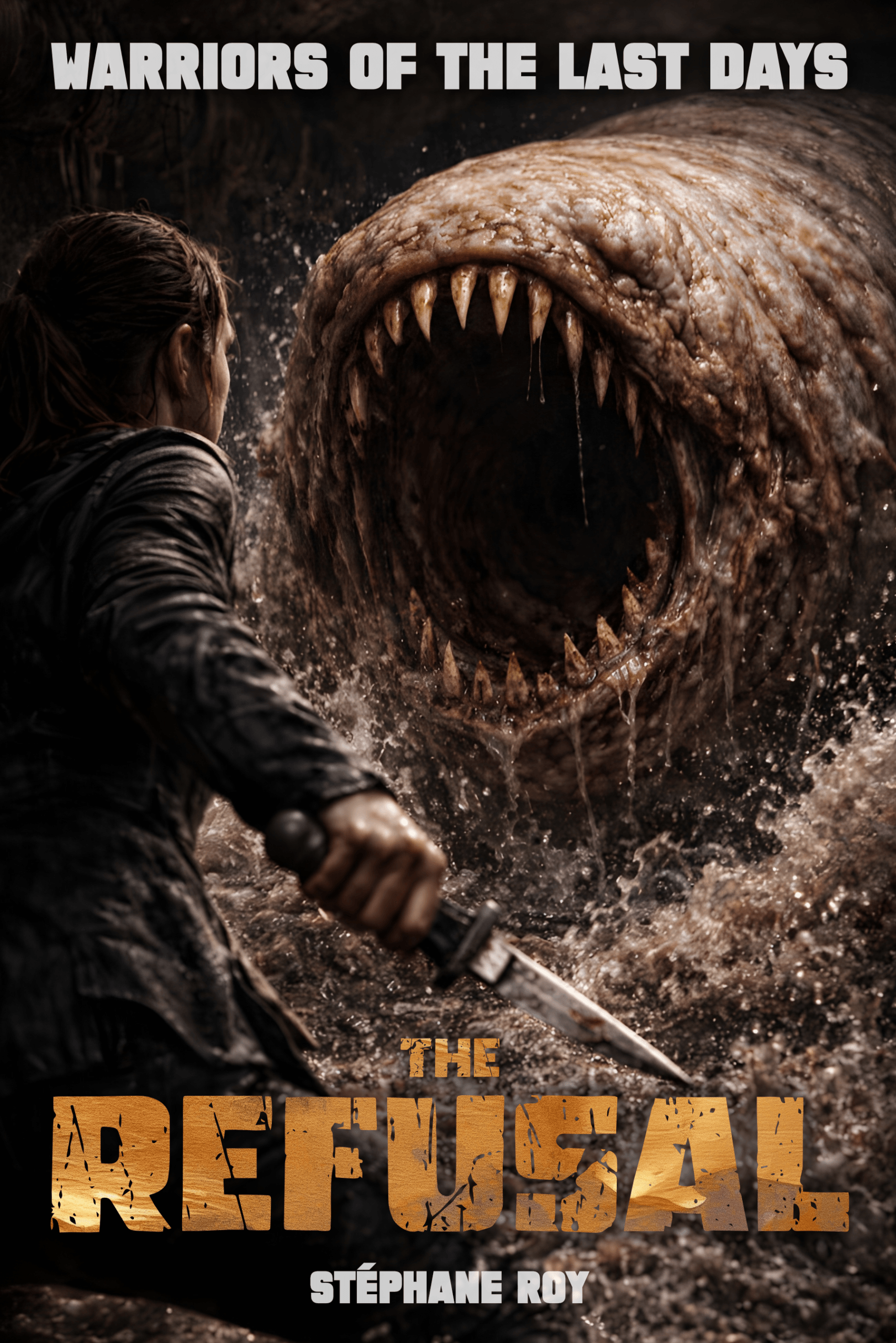 A person with a knife confronts a giant, fanged, subterranean creature emerging from dark, muddy water.