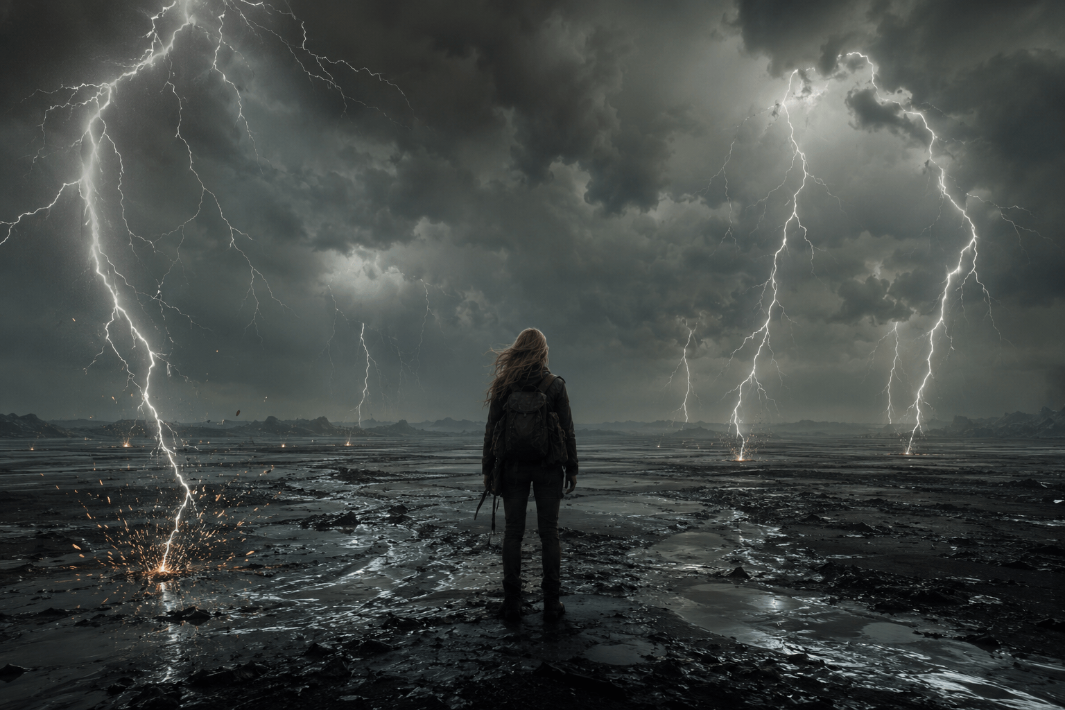 Renee stands alone in a dark, post-apocalyptic landscape as lightning strikes the ground around her.