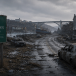 A weathered welcome sign for Saint John, New Brunswick, stands beside a desolate, debris-strewn road leading toward a ruined cityscape under a cloudy sky.