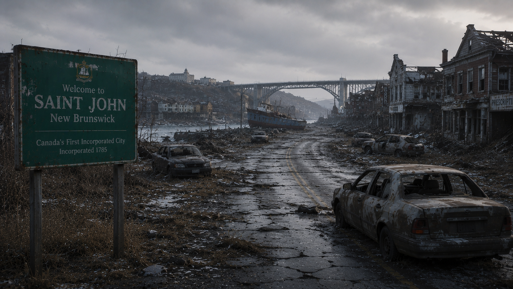 A weathered welcome sign for Saint John, New Brunswick, stands beside a desolate, debris-strewn road leading toward a ruined cityscape under a cloudy sky.