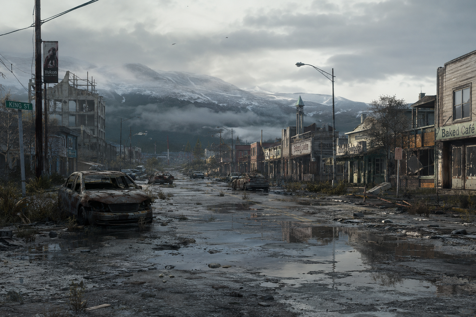 A desolate street in Whitehorse with abandoned, rusted cars and decaying buildings under snowy mountains.
