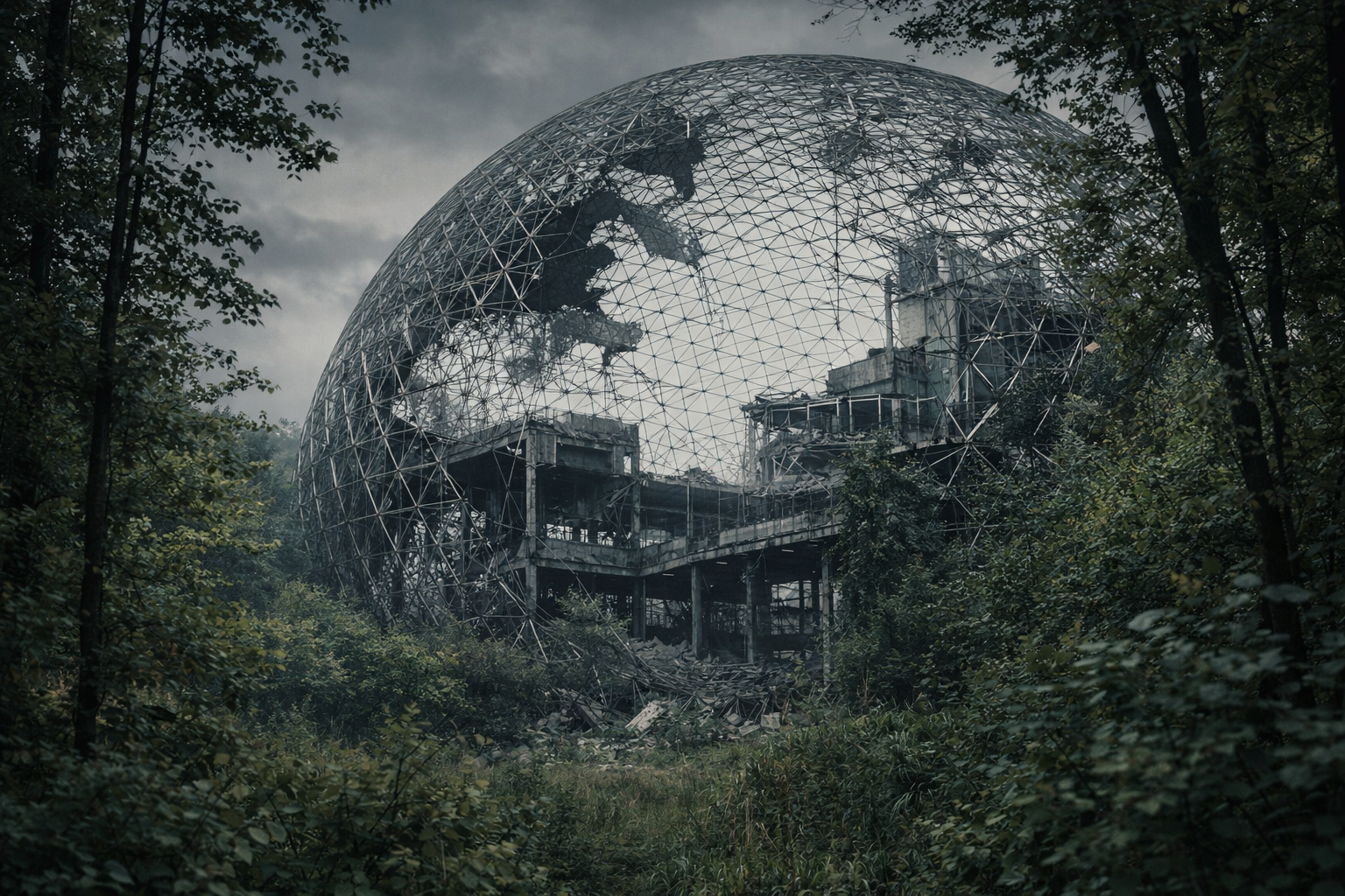 A large, ruined geodesic dome structure stands amidst a dense, overgrown forest under a cloudy sky.