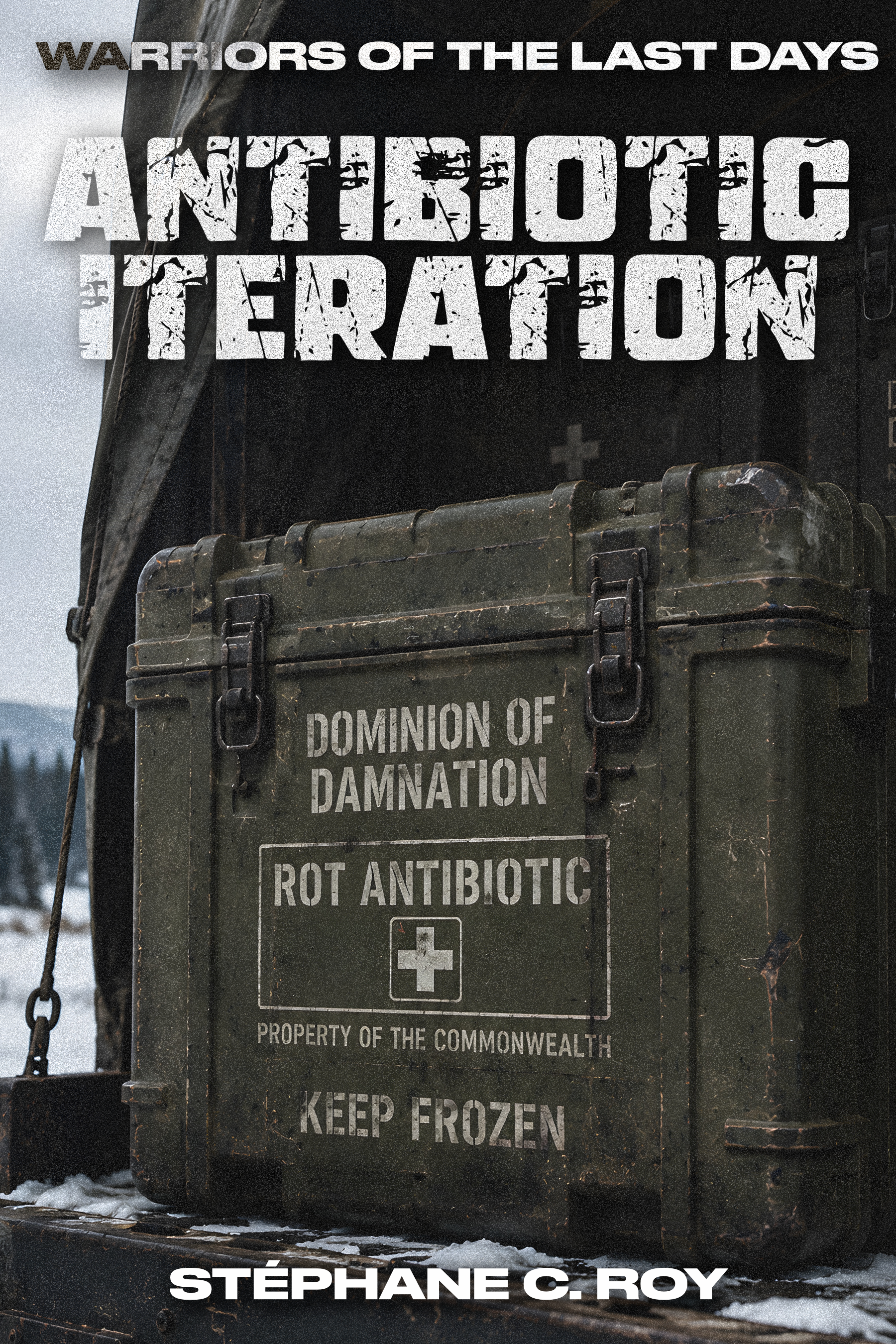 A weathered, olive-drab military supply crate labeled 'ROT ANTIBIOTIC' and 'PROPERTY OF THE COMMONWEALTH' sitting in a snowy, post-apocalyptic landscape.