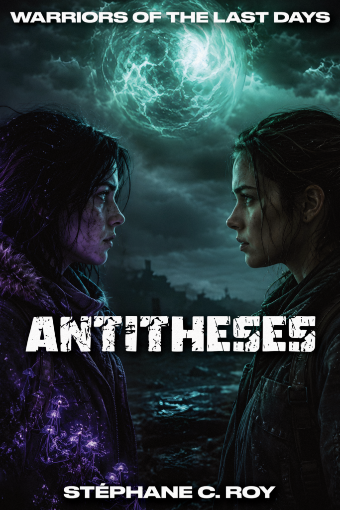 Two people face each other in a dark, post-apocalyptic landscape under a glowing green orb in the sky, with the title Antitheses displayed prominently.