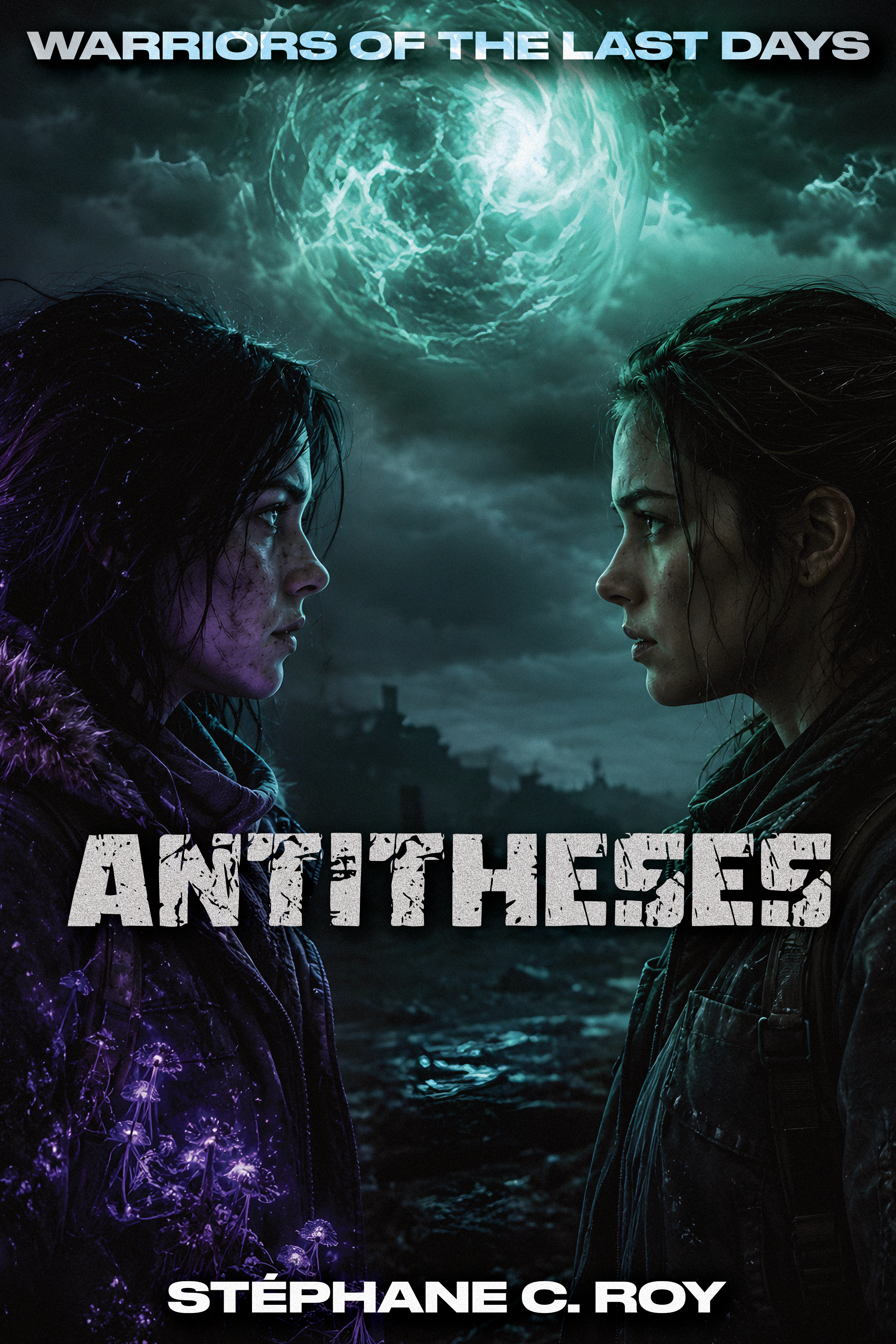 Book cover for Antitheses, featuring two people facing each other against a dark, post-apocalyptic background with a glowing orb in the sky.