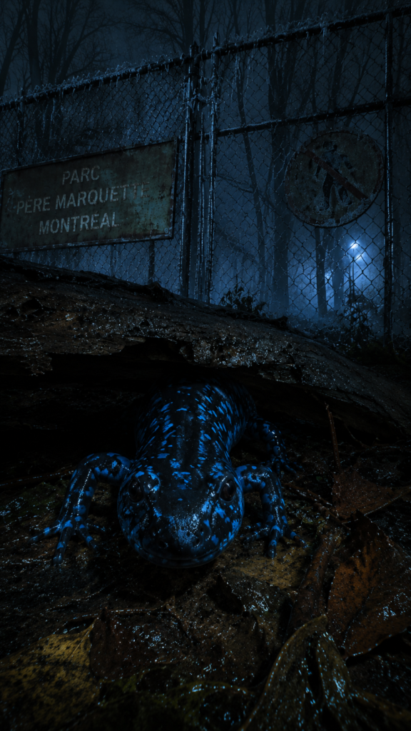 A blue-spotted salamander emerges from beneath a log in front of a chain-link fence at Parc Père Marquette in Montreal at night.