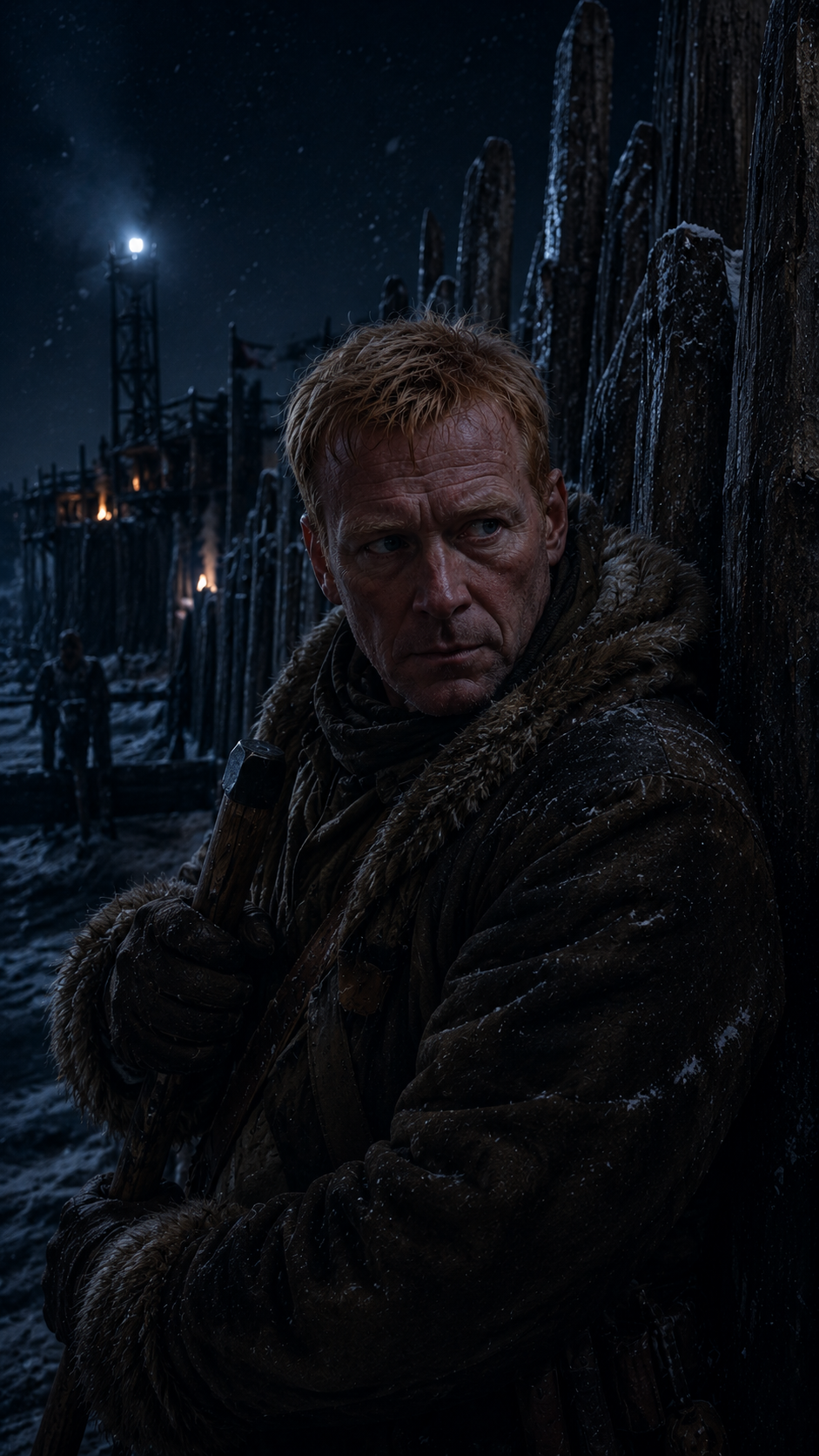 A man with short reddish hair wearing a fur-lined winter coat stands against a wooden palisade in a snowy, dark environment.
