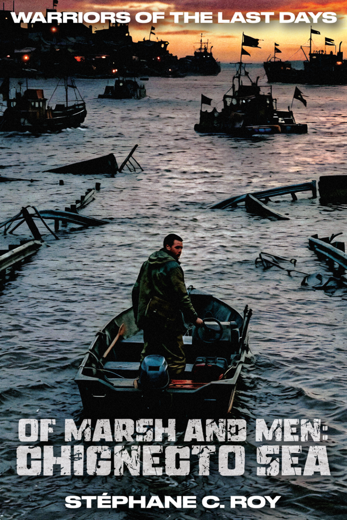 A man piloting a small boat through debris-filled waters in a post-apocalyptic landscape at sunset.