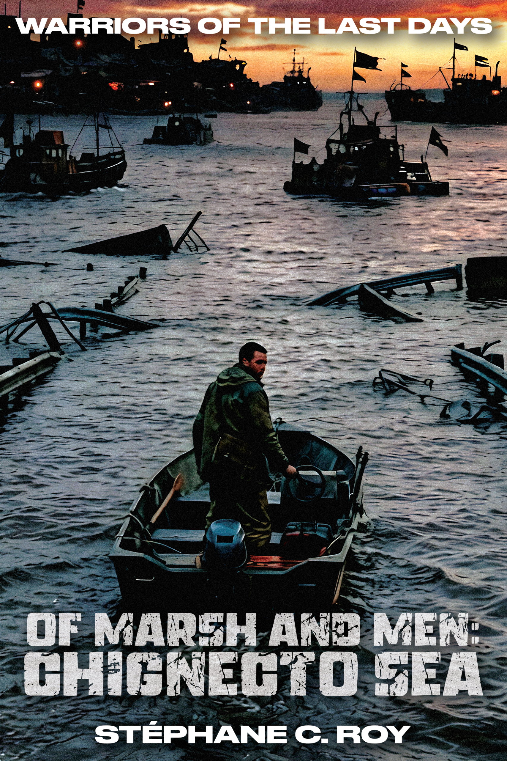 A person in a small motorboat navigates through debris-filled waters toward a fleet of ships at sunset, as depicted on a dystopian novel cover.
