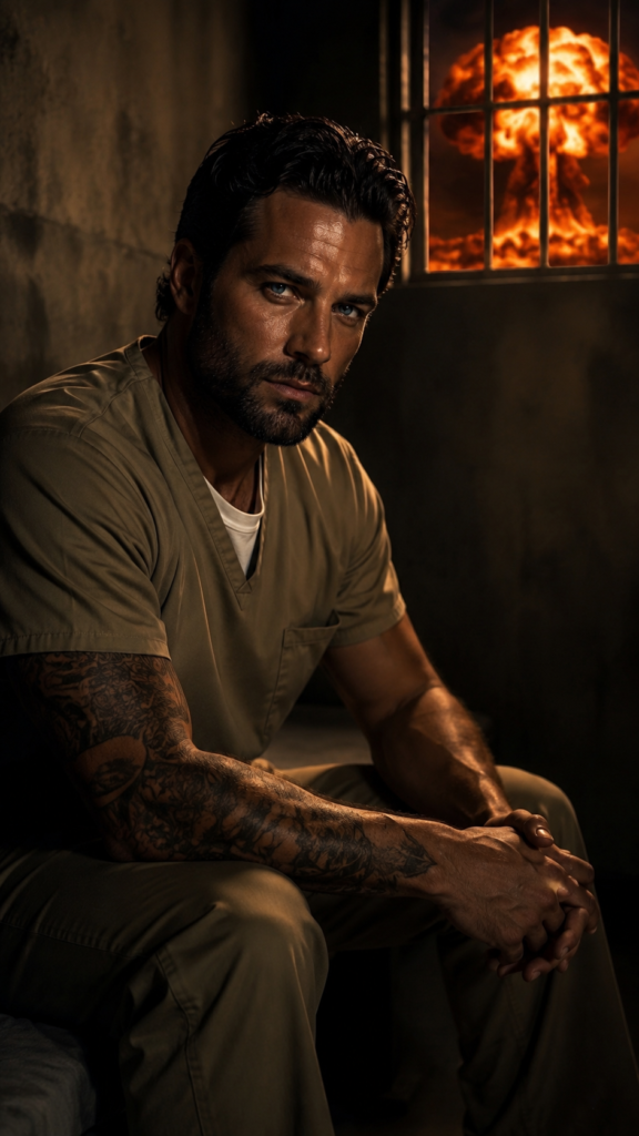 A man with tattoos on his arms sits in a dimly lit cell, looking toward the viewer while a nuclear explosion is visible through the barred window behind him.
