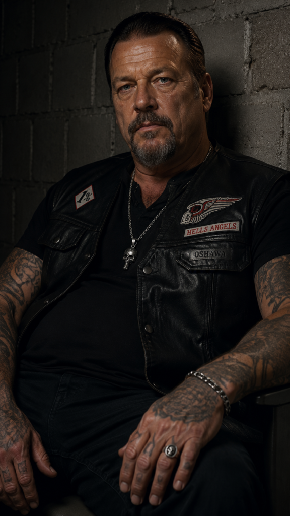 A man with tattoos on his arms and hands wearing a leather vest with Hells Angels and Oshawa patches, sitting against a dark brick wall.