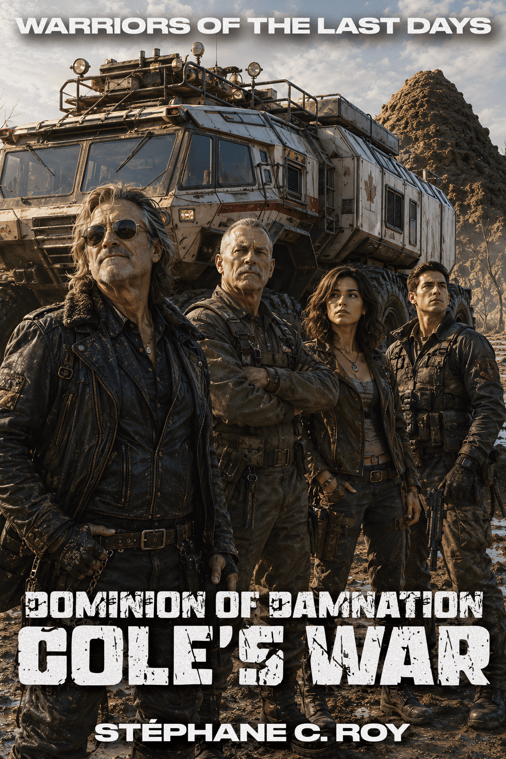 Four survivors stand before a rugged, Canadian-marked all-terrain vehicle in a desolate post-nuclear landscape.