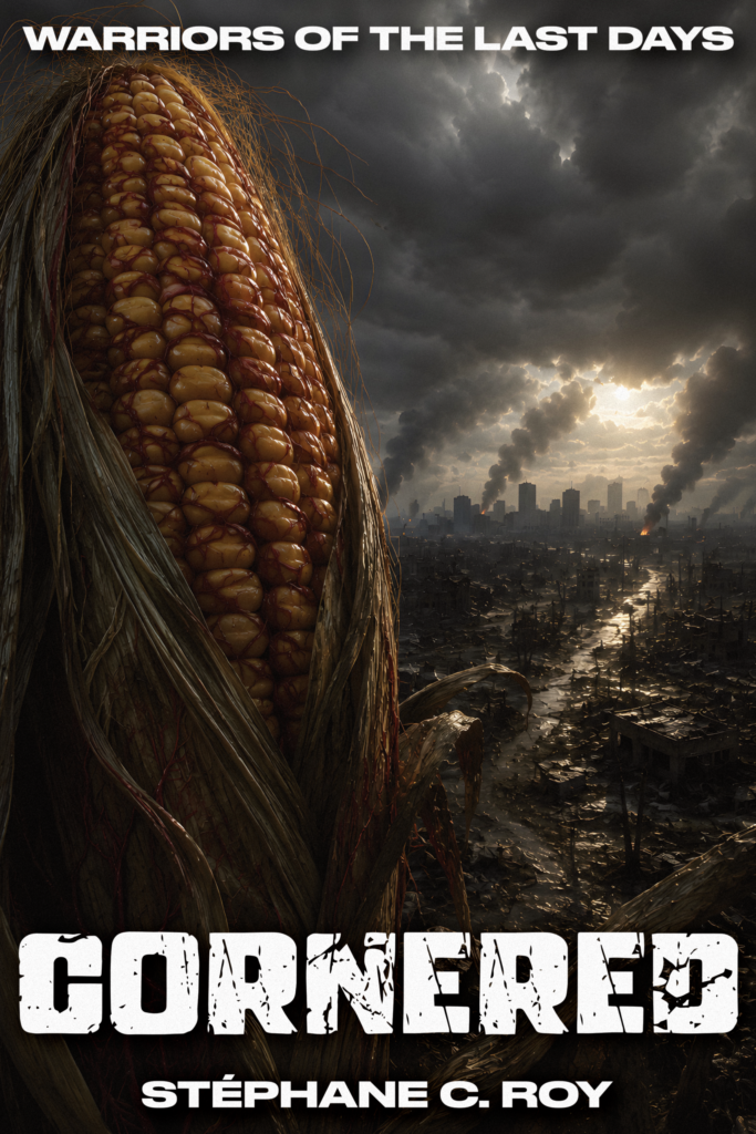 Book cover art featuring a large ear of corn in the foreground overlooking a post-apocalyptic, smoke-filled city skyline.