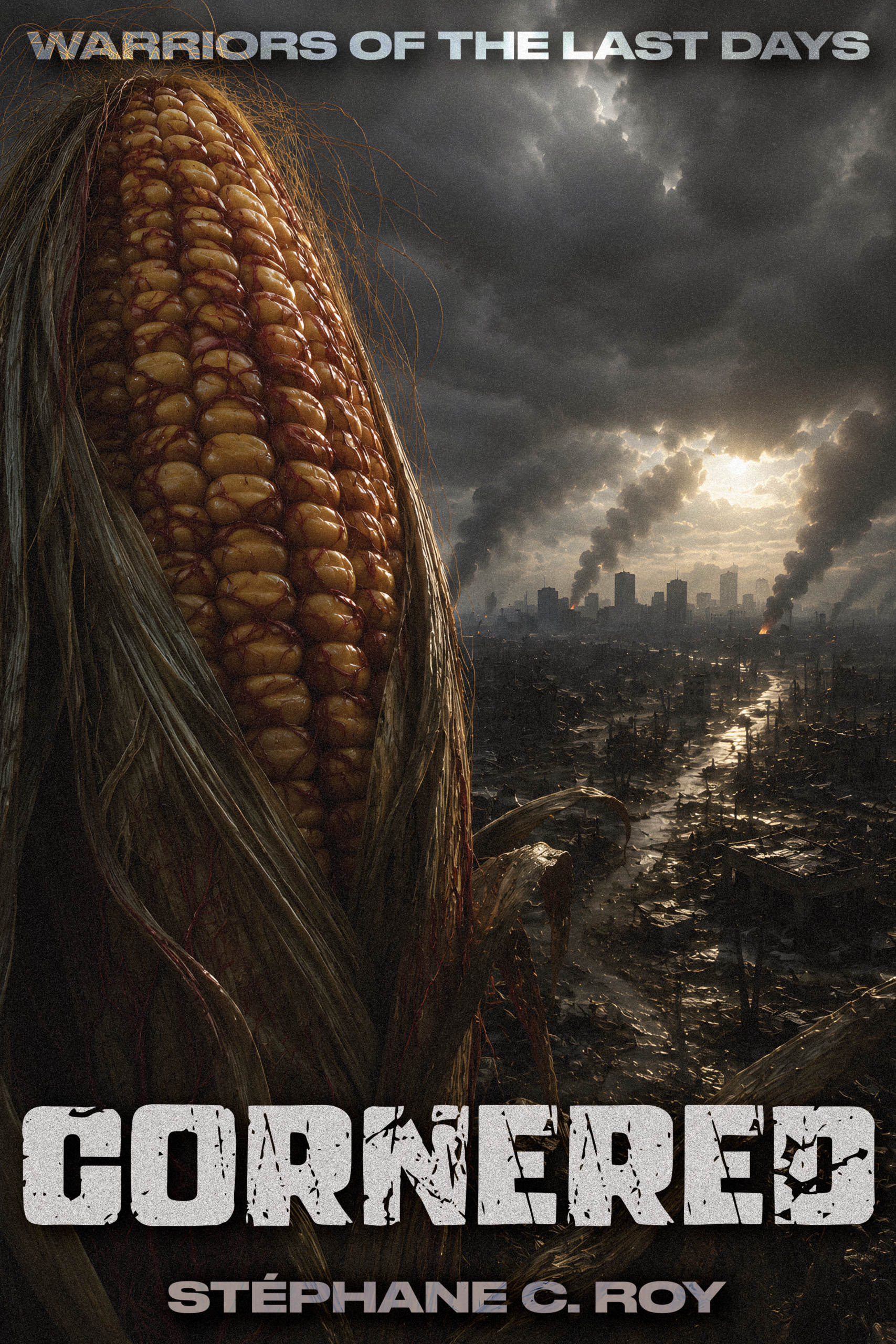 A giant ear of corn looms over a desolate, post-apocalyptic cityscape with smoke rising from ruins under a dark, cloudy sky.