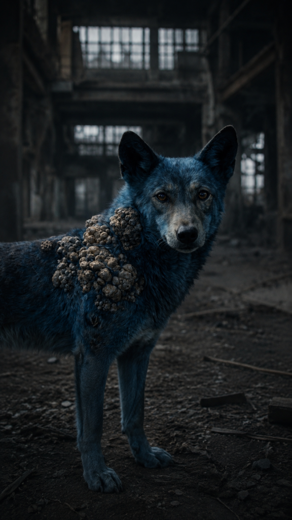 A blue-furred canine creature with large, textured growths on its shoulder standing in a dark, abandoned industrial building.