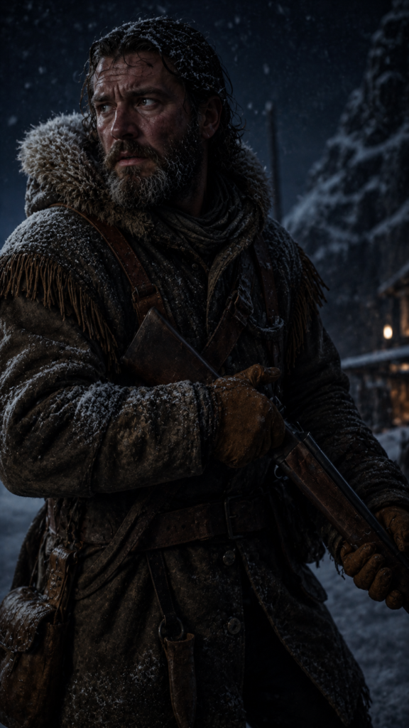 A bearded man in a fur-lined winter coat holding a rifle in a snowy, dark environment.