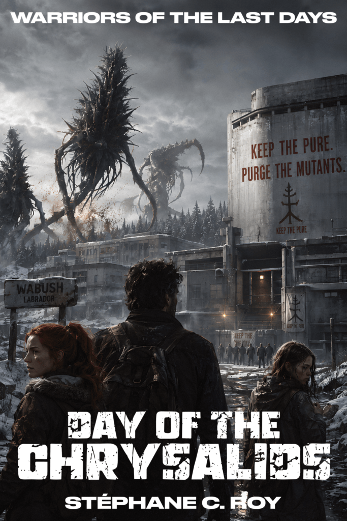 Three survivors in a snowy, post-apocalyptic landscape face giant, alien-like creatures looming over a ruined industrial site.