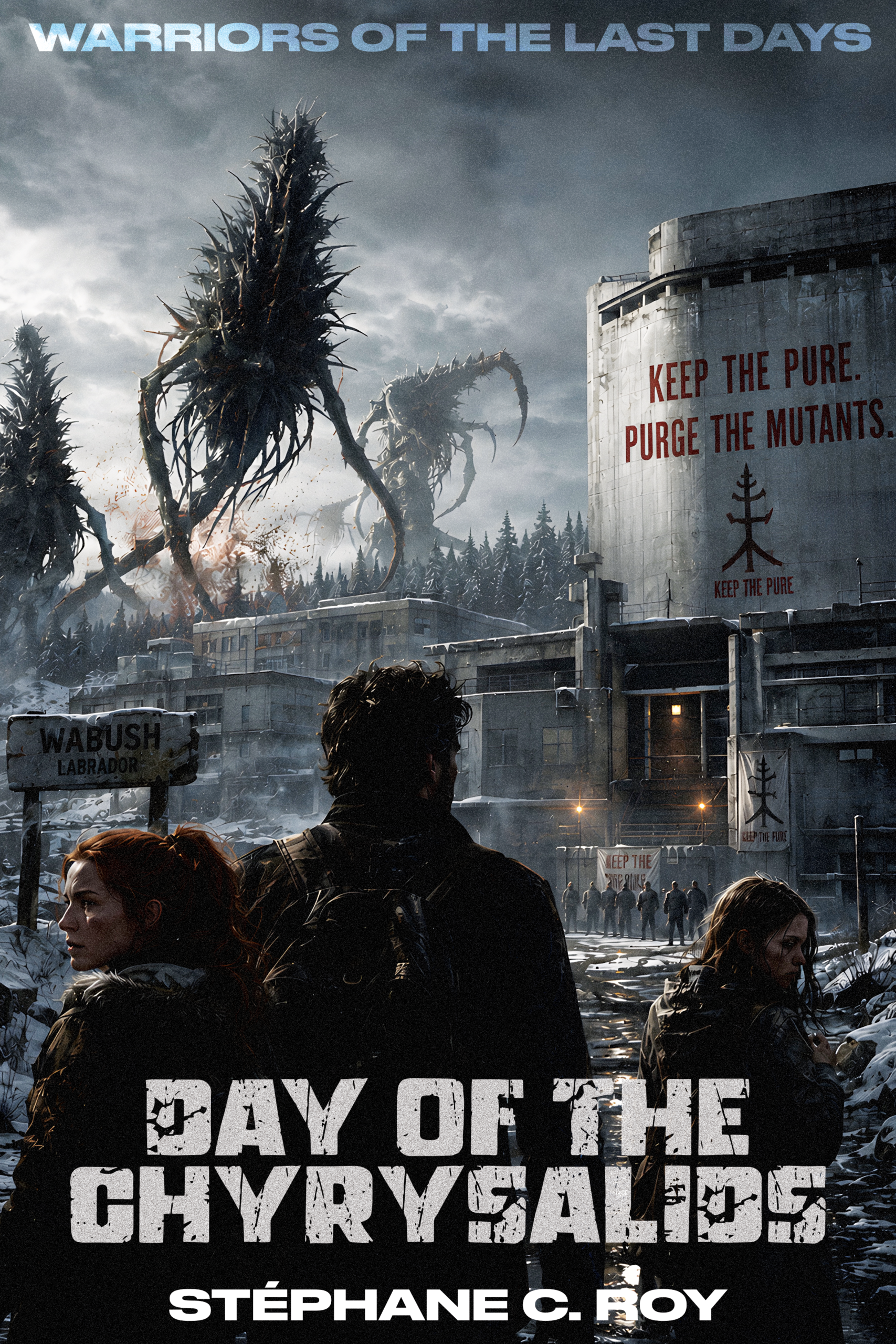 A dystopian book cover showing three people looking toward a post-apocalyptic industrial facility in a snowy landscape, with towering spiky creatures in the background.