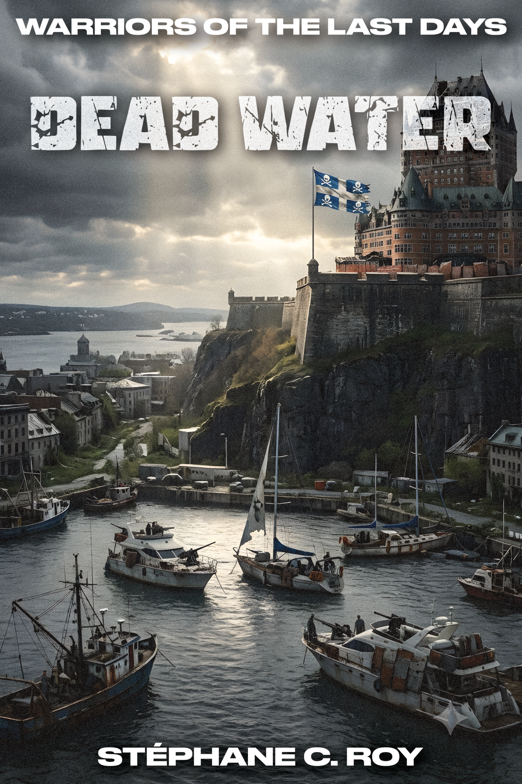 A dystopian book cover titled Dead Water featuring a harbor scene with armed boats below a castle-like structure flying a skull-and-crossbones flag.