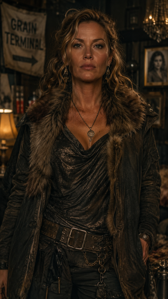 A woman with wavy blonde hair wearing a dark coat with a fur collar and a metallic pendant necklace, standing in a dimly lit room with a Grain Terminal sign in the background.