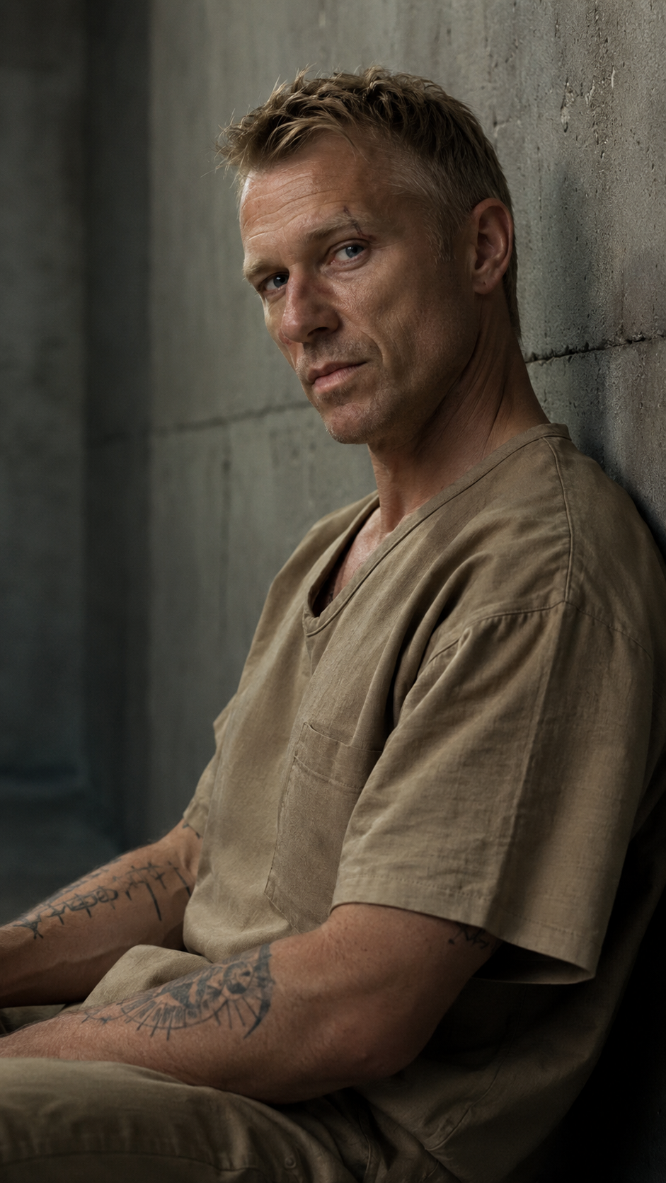 A man with short blonde hair and tattoos on his arms wearing a tan uniform, sitting against a concrete wall.