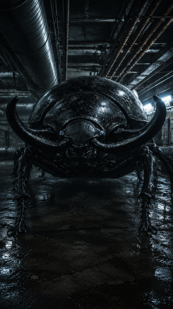 A large, dark, metallic-looking beetle creature standing on a wet, reflective floor in a dim industrial tunnel with overhead pipes.