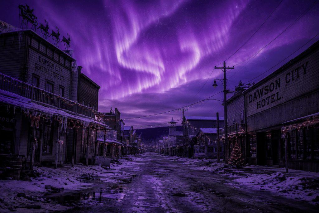 Vibrant purple aurora borealis glowing above a snow-covered, rustic street in Dawson City with vintage wooden storefronts.