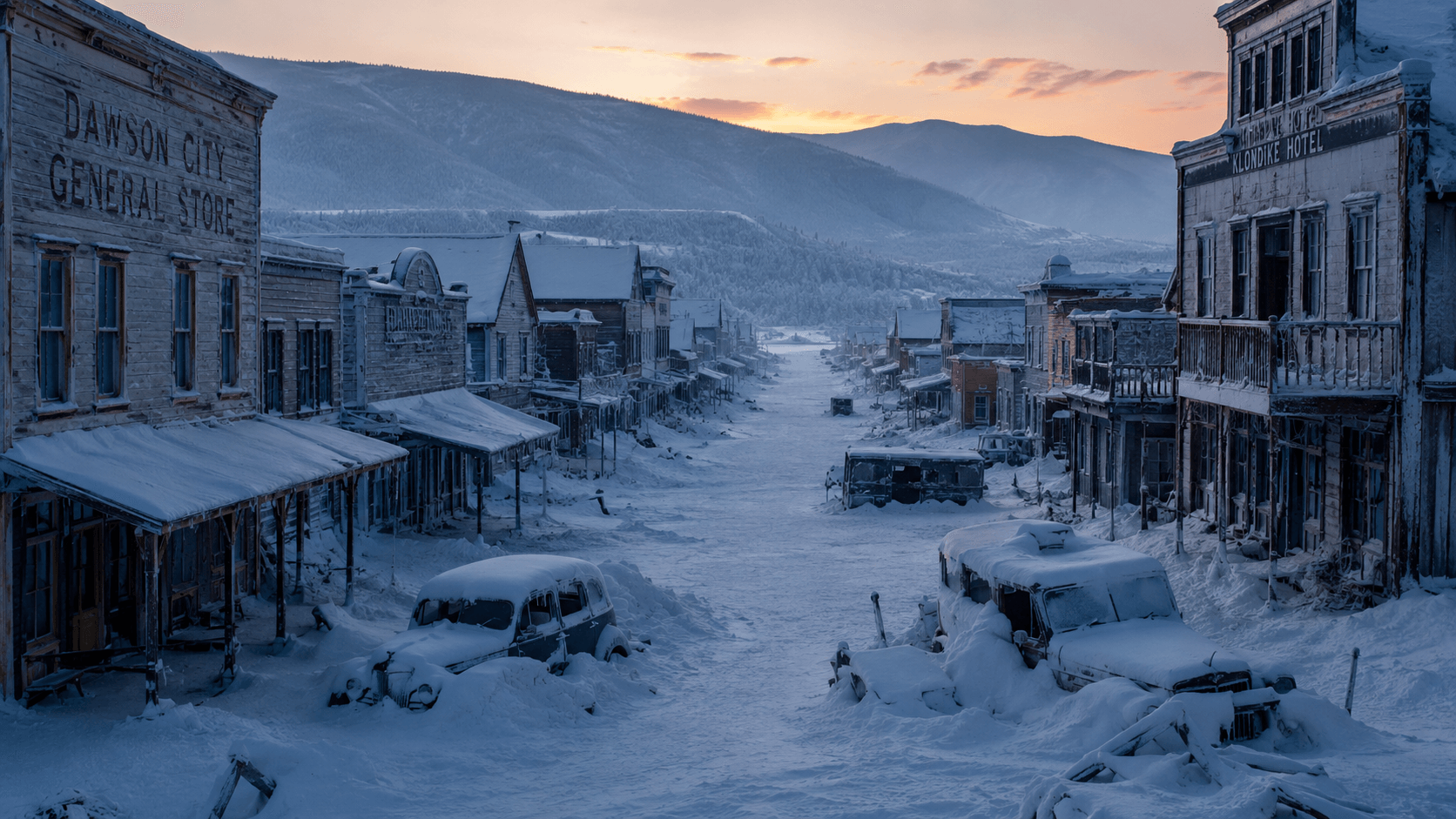 A deserted, snow-covered street in Dawson City with vintage buildings and abandoned, snow-buried vehicles under a soft sunset sky.
