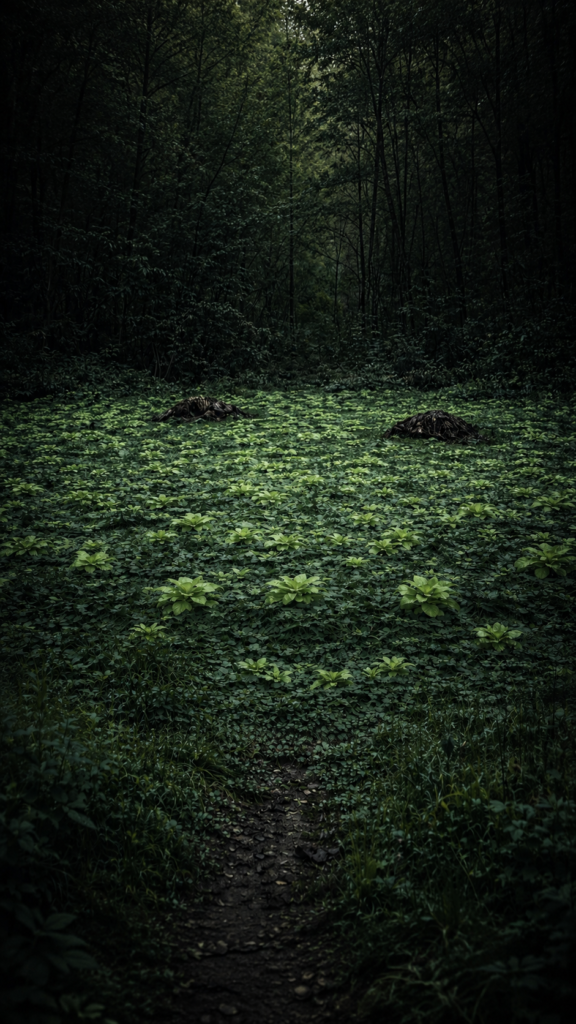 A dark, moody forest clearing filled with low-lying green plants and two small, dark mounds under a dense canopy.