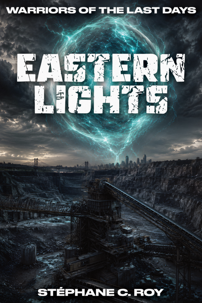 Book cover for Eastern Lights, featuring a glowing blue energy sphere over a post-apocalyptic industrial quarry and a distant city skyline.