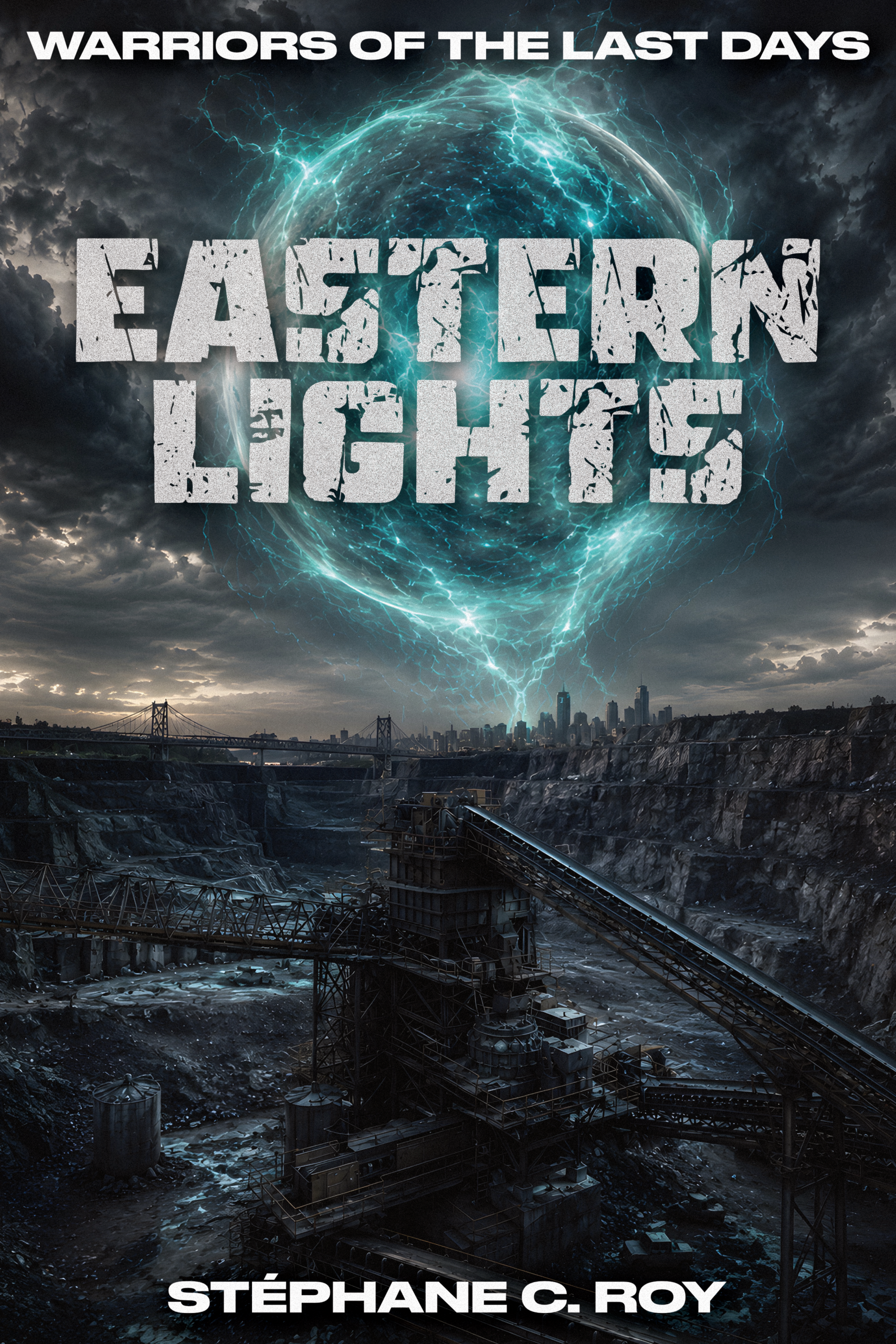 Book cover for Eastern Lights, featuring a glowing blue energy sphere above a dark, industrial quarry landscape and a distant city skyline.