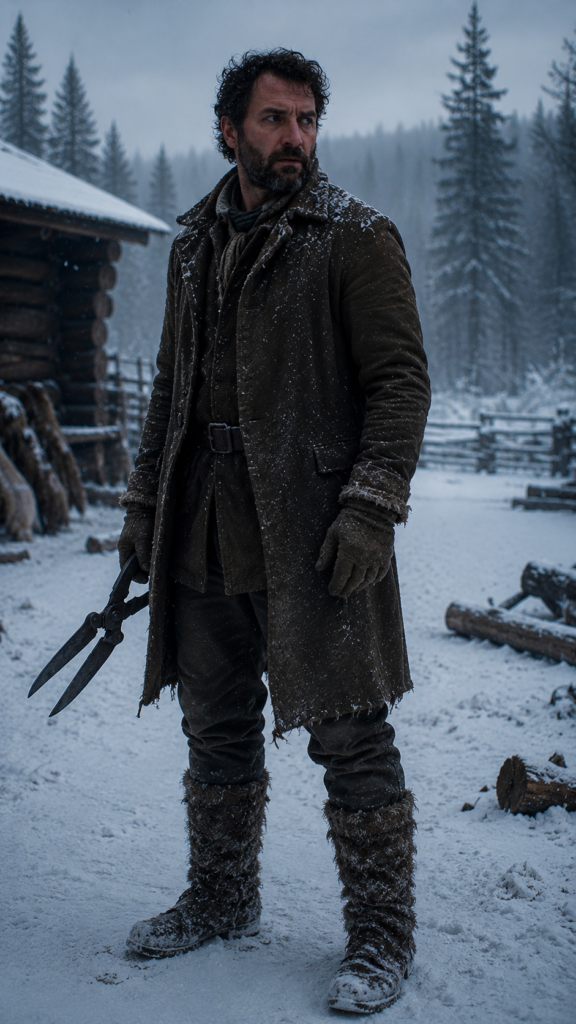 A man with a beard wearing a heavy brown coat and fur-lined boots stands in a snowy, wooded environment holding a pair of metal shears.