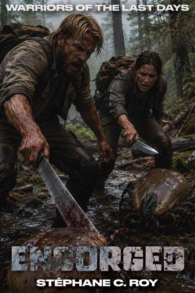 A man and woman in tactical gear fight giant ticks in a forest stream, titled Engorged by Stéphane C. Roy.