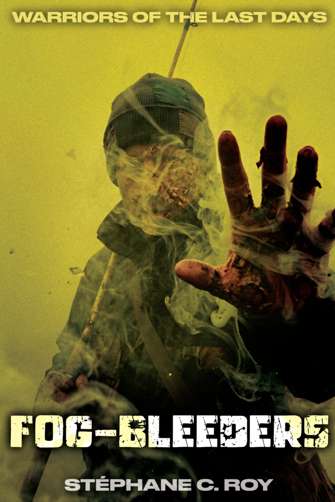 A distressed figure in a beanie reaches out amidst yellow, smoky fog, featuring the title Fog-Bleeders.