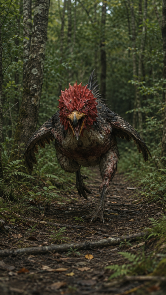 A large, aggressive bird-like creature with a prominent red crest and dark, mottled plumage charging down a narrow forest path.