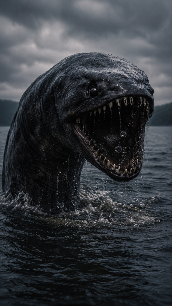 A dark, eel-like creature with a wide, toothy maw rises from turbulent, murky water under a cloudy sky.