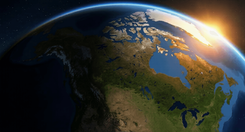 CANADIAN POST-APOCALYPSE FICTION: A sunrise viewed from space, highlighting the northern geography of the Canadian Arctic and Hudson Bay.