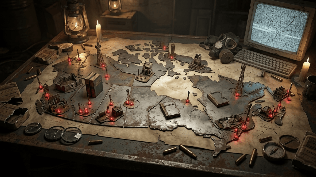A tactical map of Canada marked with glowing red strategic points, spread across a cluttered desk with a gas mask and PC.