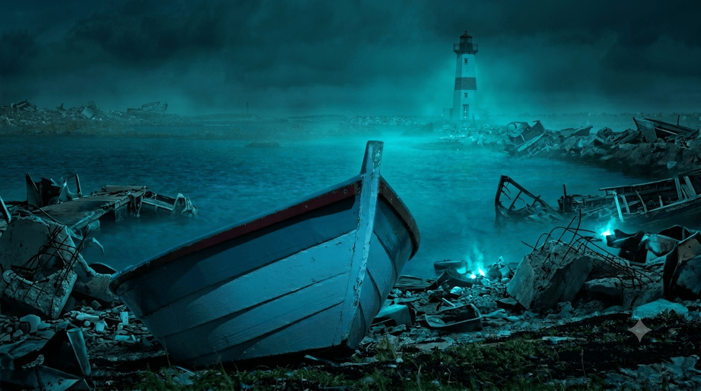 A wooden boat rests on a debris-strewn shore near a glowing lighthouse in a post-apocalyptic coastal setting.