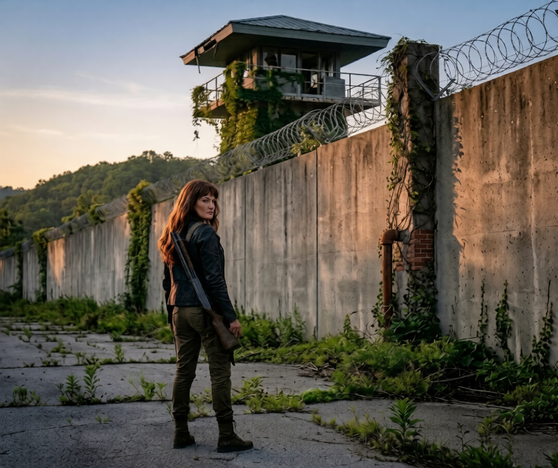 A woman with a rifle slung over her shoulder stands on a cracked road looking back at a tall concrete wall topped with barbed wire and a guard tower.