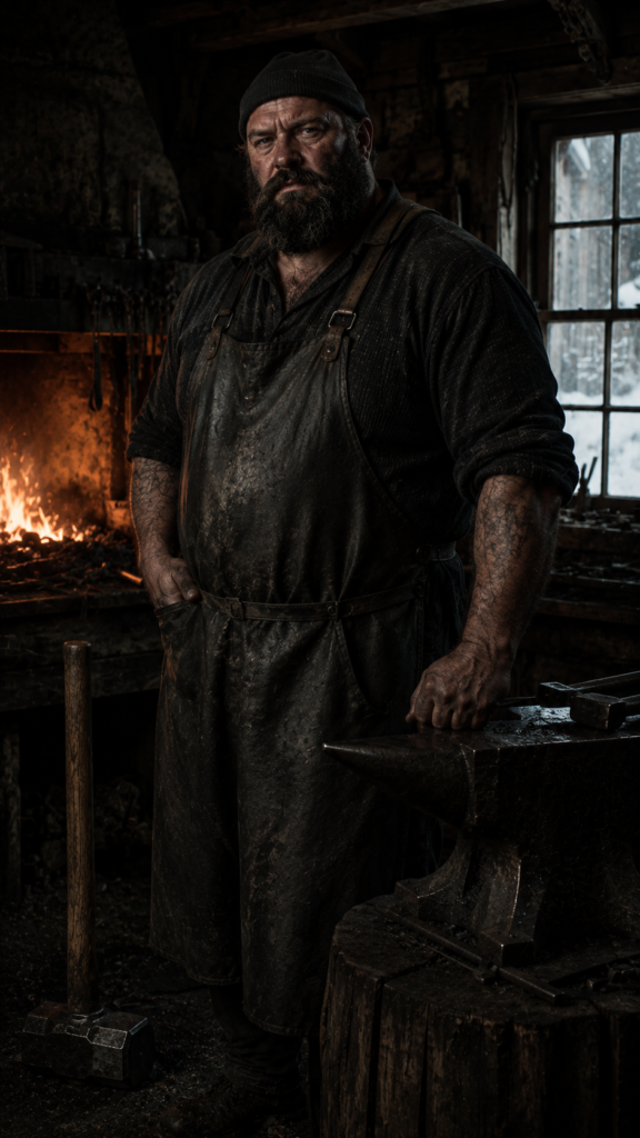 A bearded man wearing a dark apron and beanie stands in a dimly lit workshop with a forge and anvil.