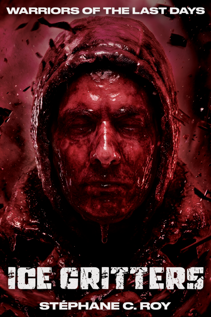 Close-up of a person in a hooded coat covered in icy, blood-red residue, set against a dark, post-apocalyptic background.