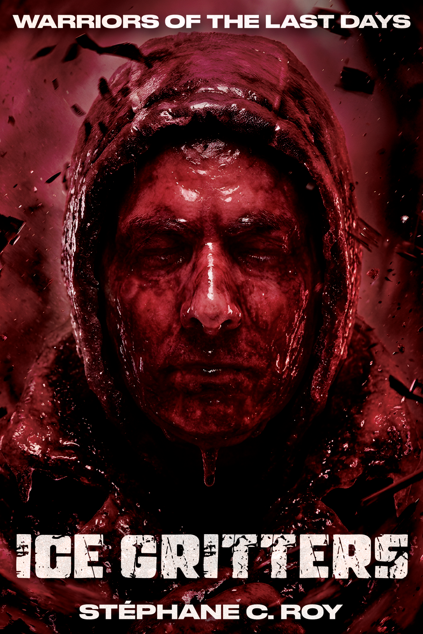Book cover for Ice Gritters featuring a person in a hood covered in ice against a dark red background.