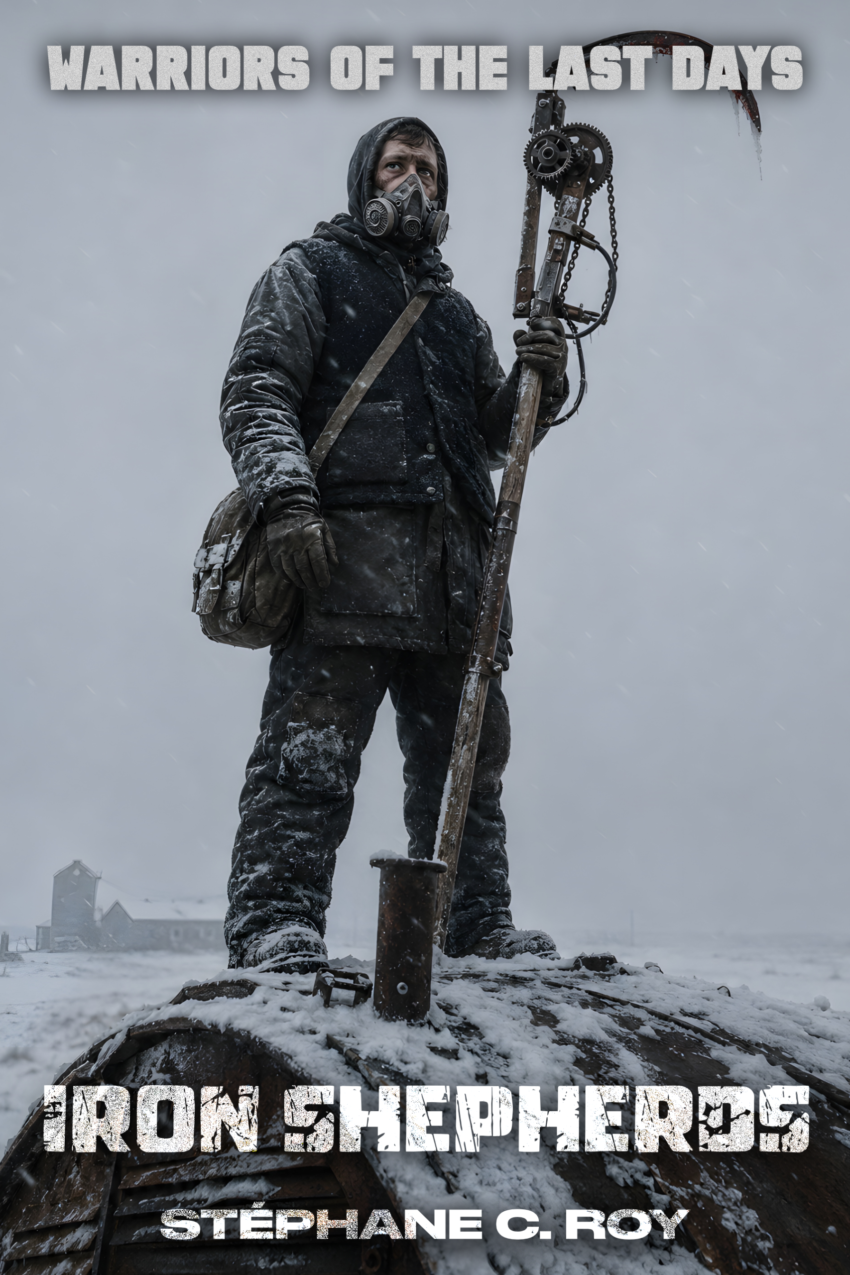 A person in a gas mask and heavy winter gear stands in a snowy landscape holding a large, mechanical scythe-like weapon.