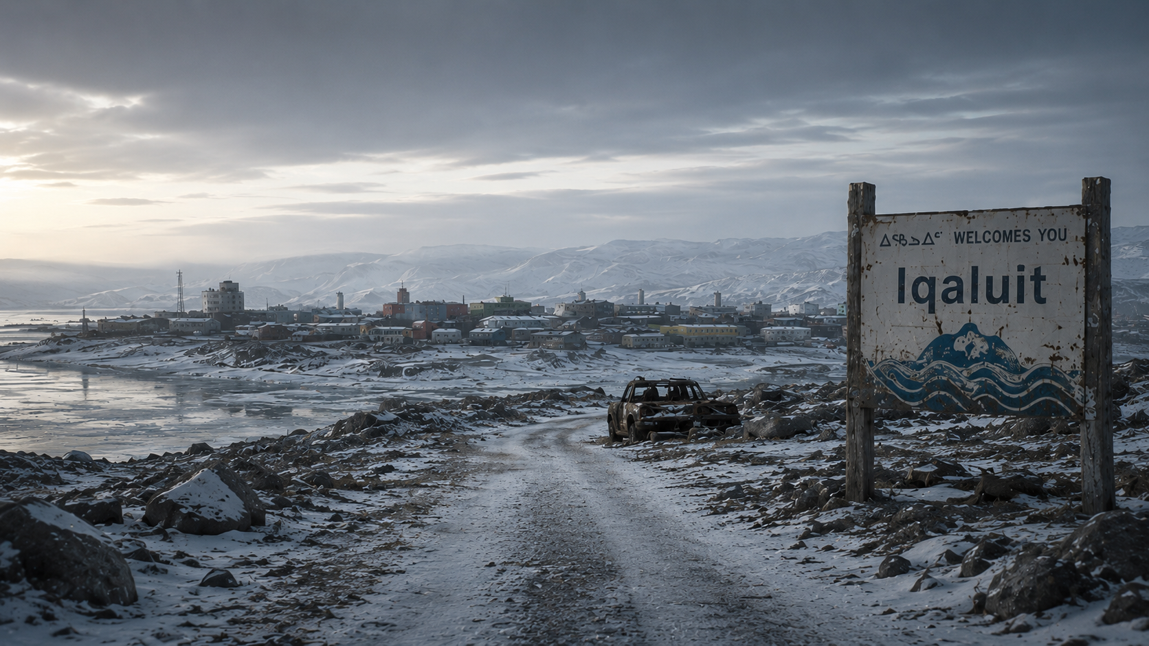 A weathered welcome sign for Iqaluit stands on a snowy, desolate road leading toward a distant, frozen coastal town.