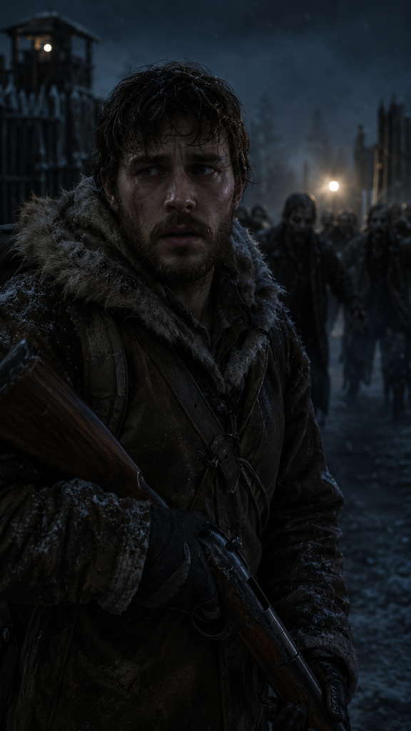 A man with a beard wearing a fur-lined coat holds a rifle in a snowy, dark, and desolate environment.