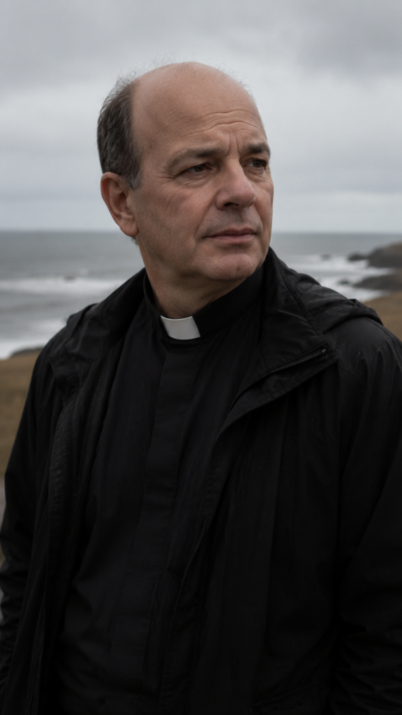 A middle-aged man wearing a black clerical shirt with a white tab collar and a black jacket, standing outdoors by a rocky coastline under an overcast sky.