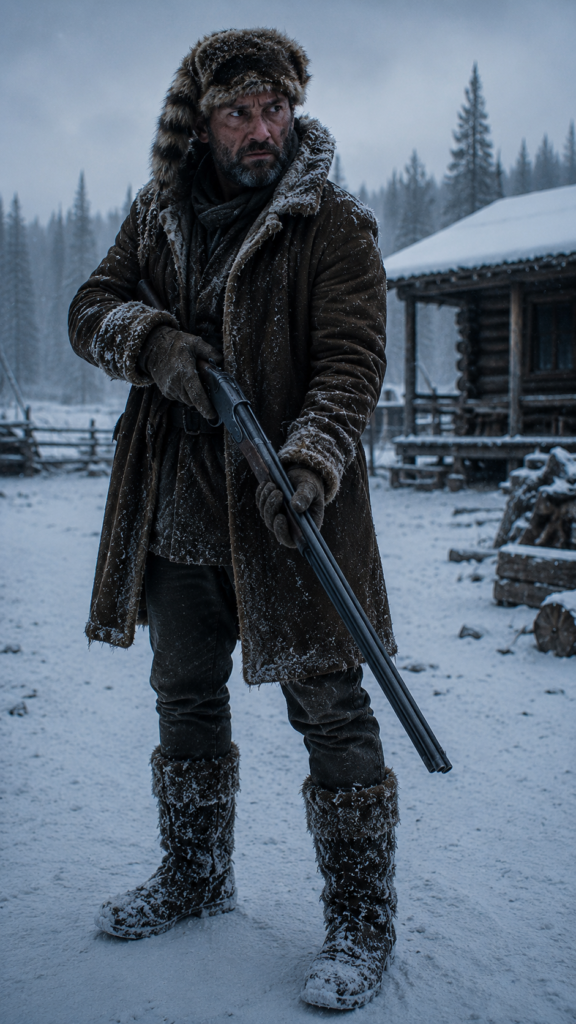 A man in a fur-lined coat and hat stands in a snowy landscape holding a shotgun near a log cabin.