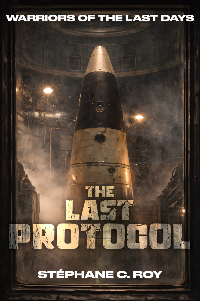 Book cover for The Last Protocol by Stéphane C. Roy, featuring a large missile inside a dimly lit, smoky industrial chamber.